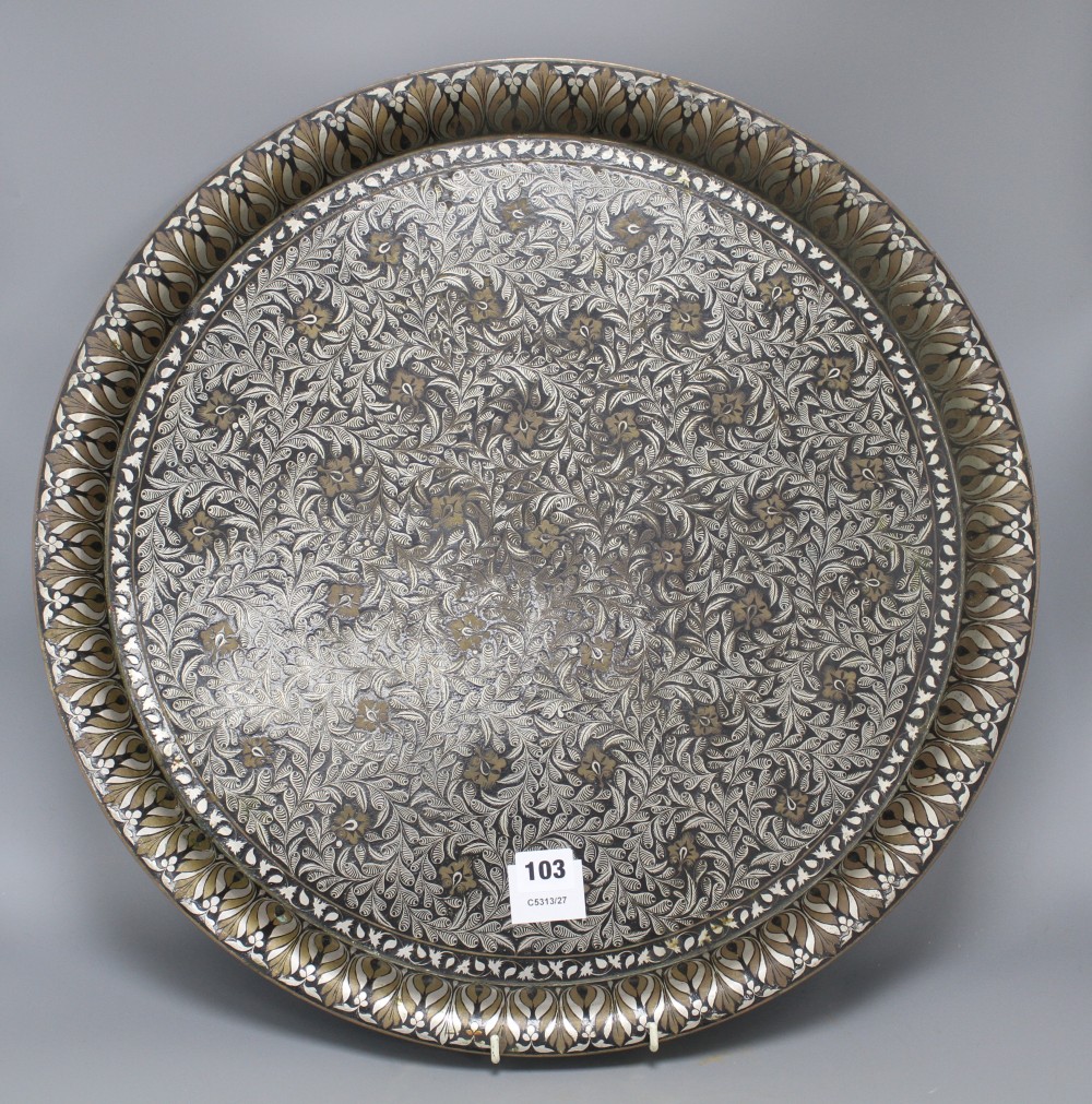 A Cairoware brass inset pewter tray, diameter 54cm